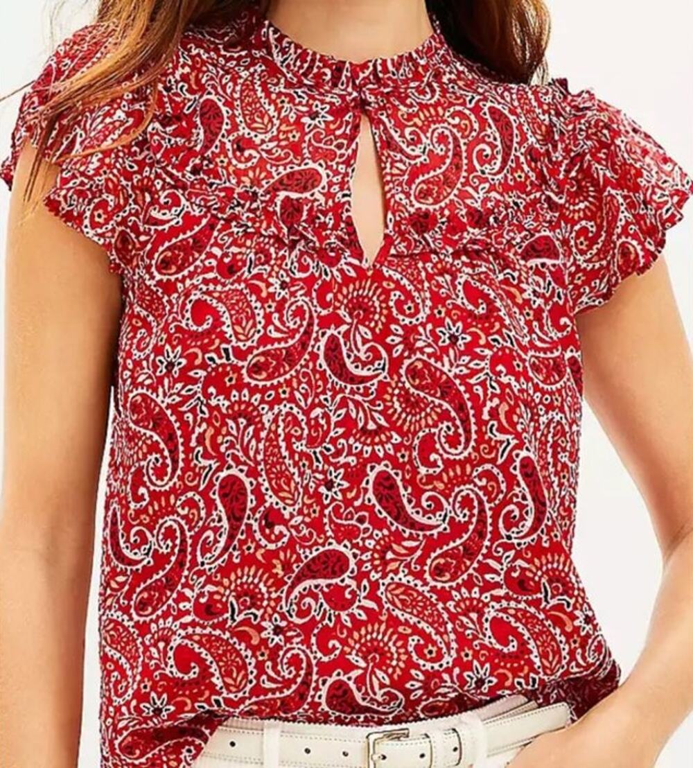 LOFT NEW Red Paisley Chiffon Short Flutter Sleeve Keyhole Blouse Women's XL